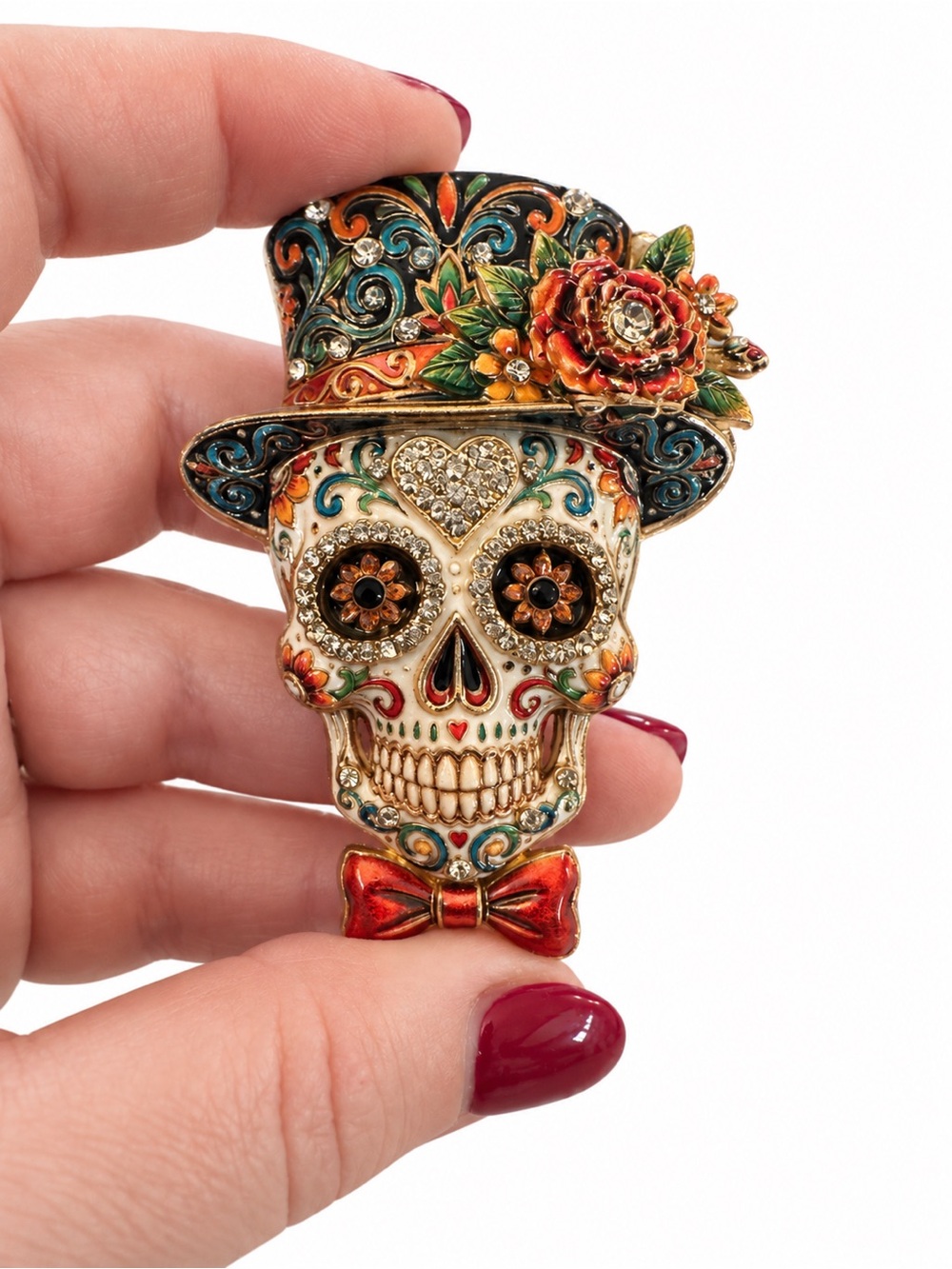 Sugar Skull Brooch Día de los Muertos Rhinestone Enamel Halloween Pin